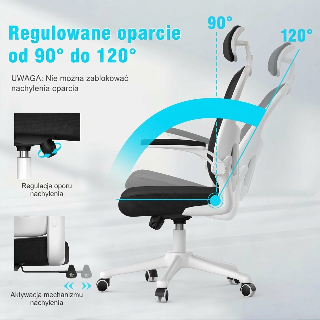 Krzesło biurowe gamingowe, ergonomiczne biurko z zagłówkiem, regulowane z podparciem lędźwiowym, oddychający siatkowy oparcie, składane podłokietniki o kącie 90° oraz obrót o 360 stopni (SF168-002). - Image 2